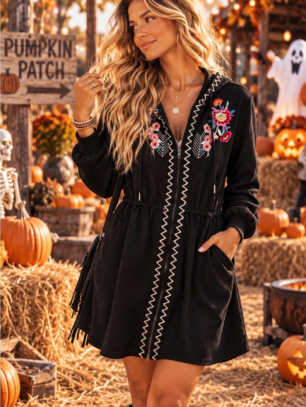 Solitaire Black Hooded Cardigan with Floral Embroidery size L